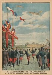 Am Flugplatz Villacoublay, H. M. Alfons XIII., König von Spanien, gratuliert den Luftwaffenfliegern, Titelbildillustration aus 